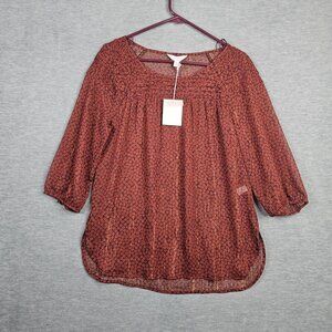 LC LAUREN CONRAD Pintuck Peasant Women's Red Gold Strand Blouse Sz M NEW